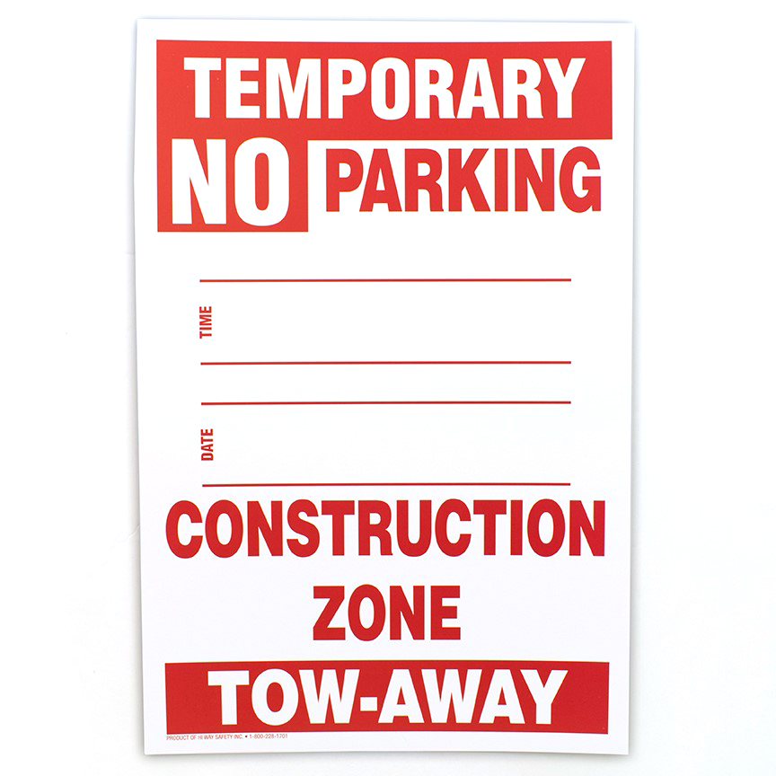 Sign, Cardboard, Tow-Away Temporary No Parking Construction Zone, 12x18, Red/White, pack of 25
