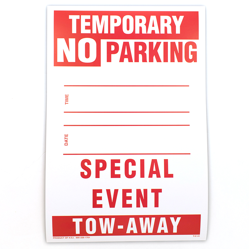 Sign, Cardboard, Tow-Away Temporary No Parking Special Event, 12x18, Red/White, pack of 25